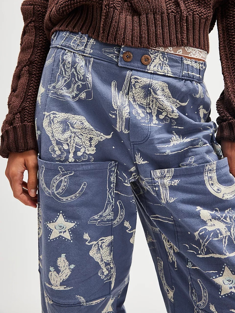 Free People Seaside Pull-On Pants Blue Western Print Cotton Size Medium - Picture 15 of 16
